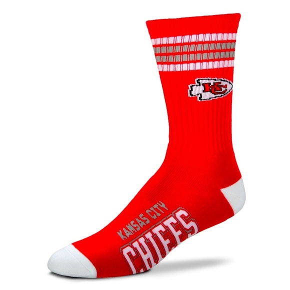 NEW Kansas City Chiefs For Bare Feet 4-Stripe Deuce Performance Crew Socks - Picture 1 of 10